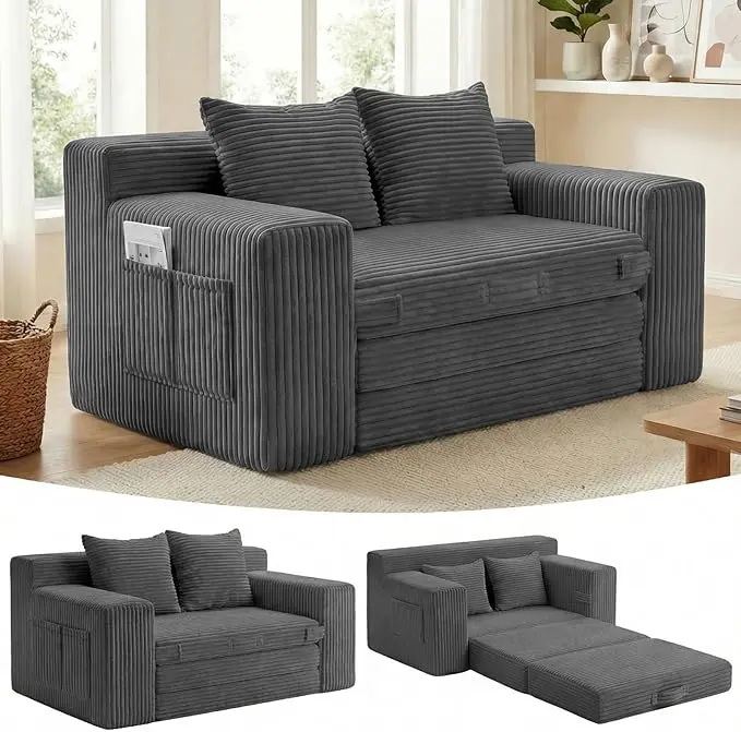 WINZOO 3-in-1 Modern Convertible Boneless Floor Couch - Corduroy Lazy Sofa, Foldable Sleeper Sofa, Small Space Furniture with Side Pockets, Handle, 2 Pillows, No Assembly for Living Room L Shaped Sofa