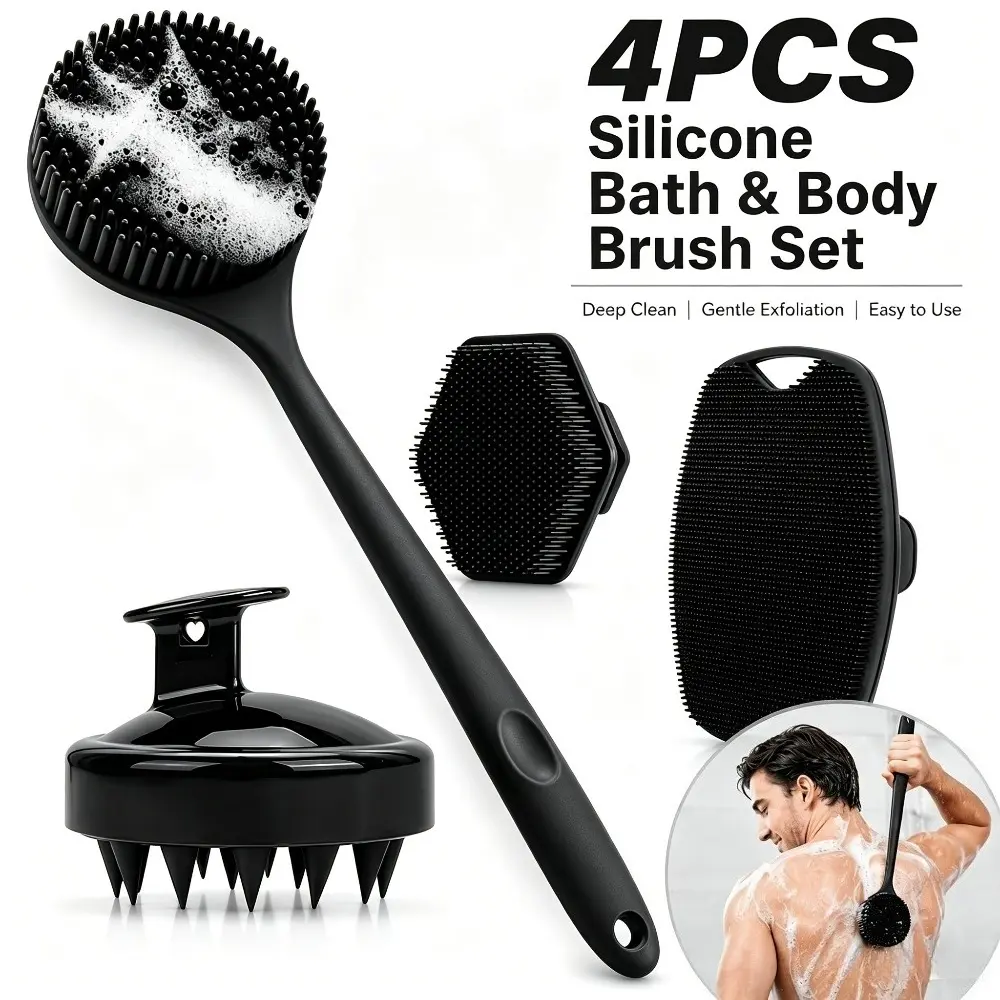 4PCS Washable Silicone Exfoliating Shower Brush Set - Long Handle Back Scrubber, Hexagon Face Cleanser, Square Scrubber (Covers Arms & Legs), Shampoo Scalp Massager, Bath Personal Care Gift (Covers Face to Scalp)