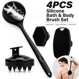 4PCS Silicone Shower Brush Set for Women and Men, Long Handle Shower Back Scrubber, Hexagon Face Cleansing Brush, Square Body Scrubber and Shampoo Scalp Massager Brush, Bath Accessories for Personal Care