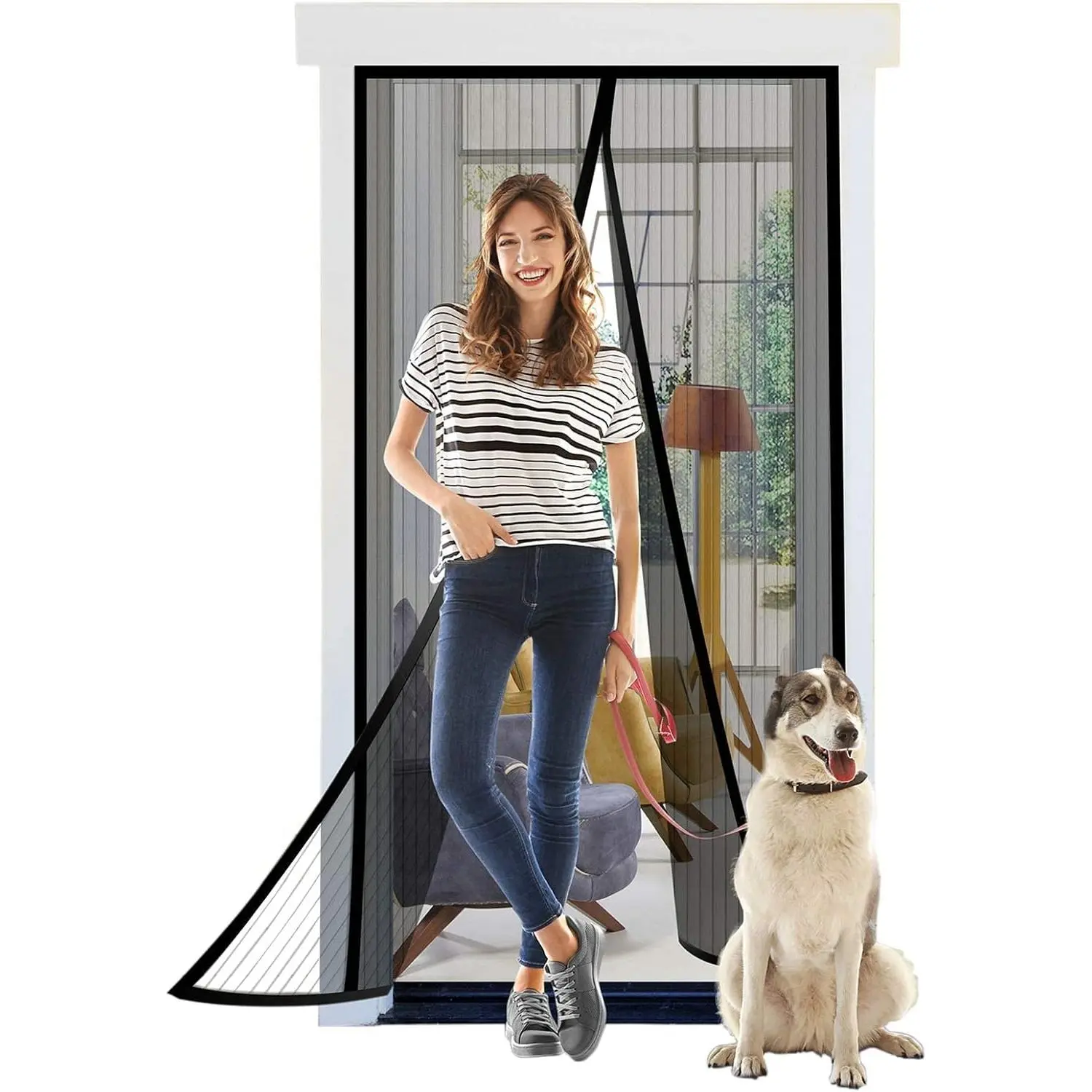 39x82 Magnetic Mesh Screen Door - Heavy Duty Retractable Self-Closing Self-Sealing Antioxidant Material - Adjustable Window Hardware for Front Door, Porch - Thumbtacks Kit Included, Kid & Pet Friendly Hands-Free Bug Barrier