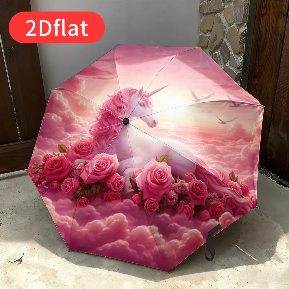 Automatic folding umbrella featuring unicorns with pink clouds and roses. Portable and compact design, perfect as a casual outdoor accessory and an ideal Christmas, birthday, or holiday gift.
