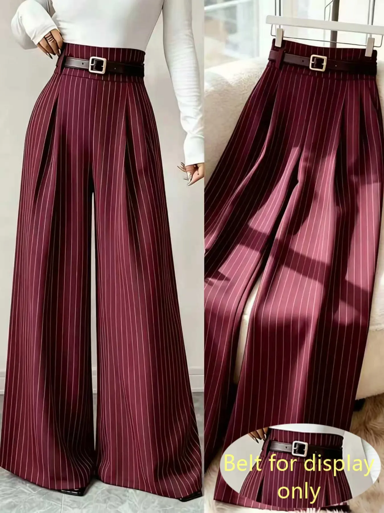 Elegant Wine Striped Suit Pants for Women, Long High Waist Pants Without Belt, Stylish Chic Office Wear, Comfortable Daily Bottoms