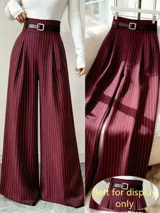 Elegant Wine Striped Suit Pants for Women, Long Pants Without Belt, Stylish Office Wear, Comfortable Daily, Bottoms
