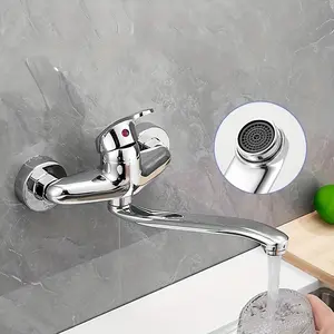Two-Hole Wall Mounted Embedded Rotating Nozzle Kitchen Faucet | Easy to Install and Disassemble, Suitable for Vegetable Sinks, Washbasins, Balcony Mop Sinks, Laundry Buckets, and Bathroom Mixing Valves, Classic Chrome End, Cartridge Valve