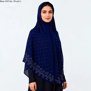 Women's Navy Blue Chiffon Hijab, Elegant Shawl with Sparkling Starry Sky Rhinestones & Embroidery Border for Wedding, Eid & Party