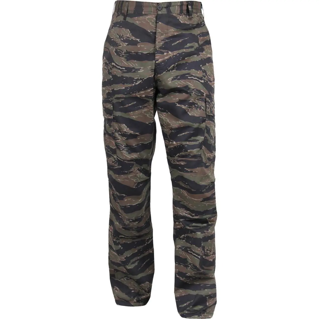 Men's Tiger Stripe Camouflage Military BDU Cargo Pants - Polyester-Cotton Pleated Fabric, Functional Pocket Fatigue Bottoms, Menswear, Button Fly