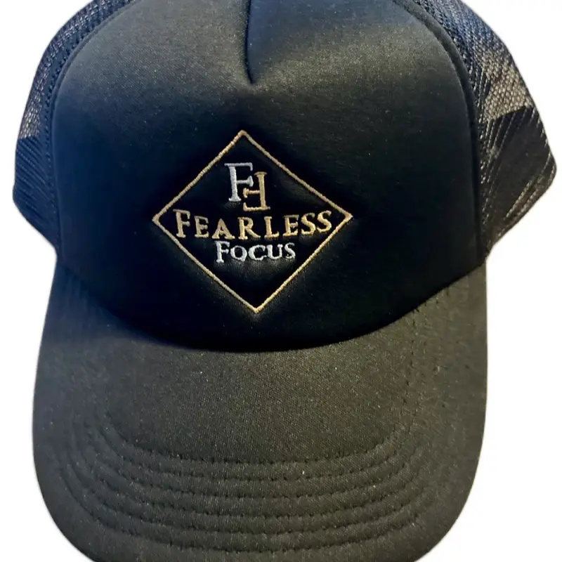Fearless Focus Trucker Style Cap - Black Mesh Snap Adjustable Closure Dad Hat with Logo Embroidery