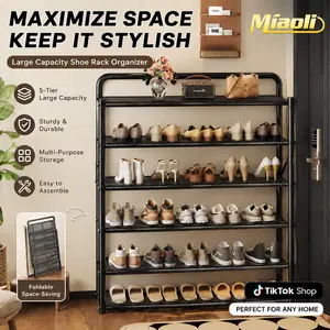 MiAoLi 5-Tier Foldable Shoe Rack Heavy Duty Metal Organizer with Dense Mesh & 7.5" Spacing for Sneakers Heels Portable Space-Saver for Rental Homes No Assembly Required【OLV】