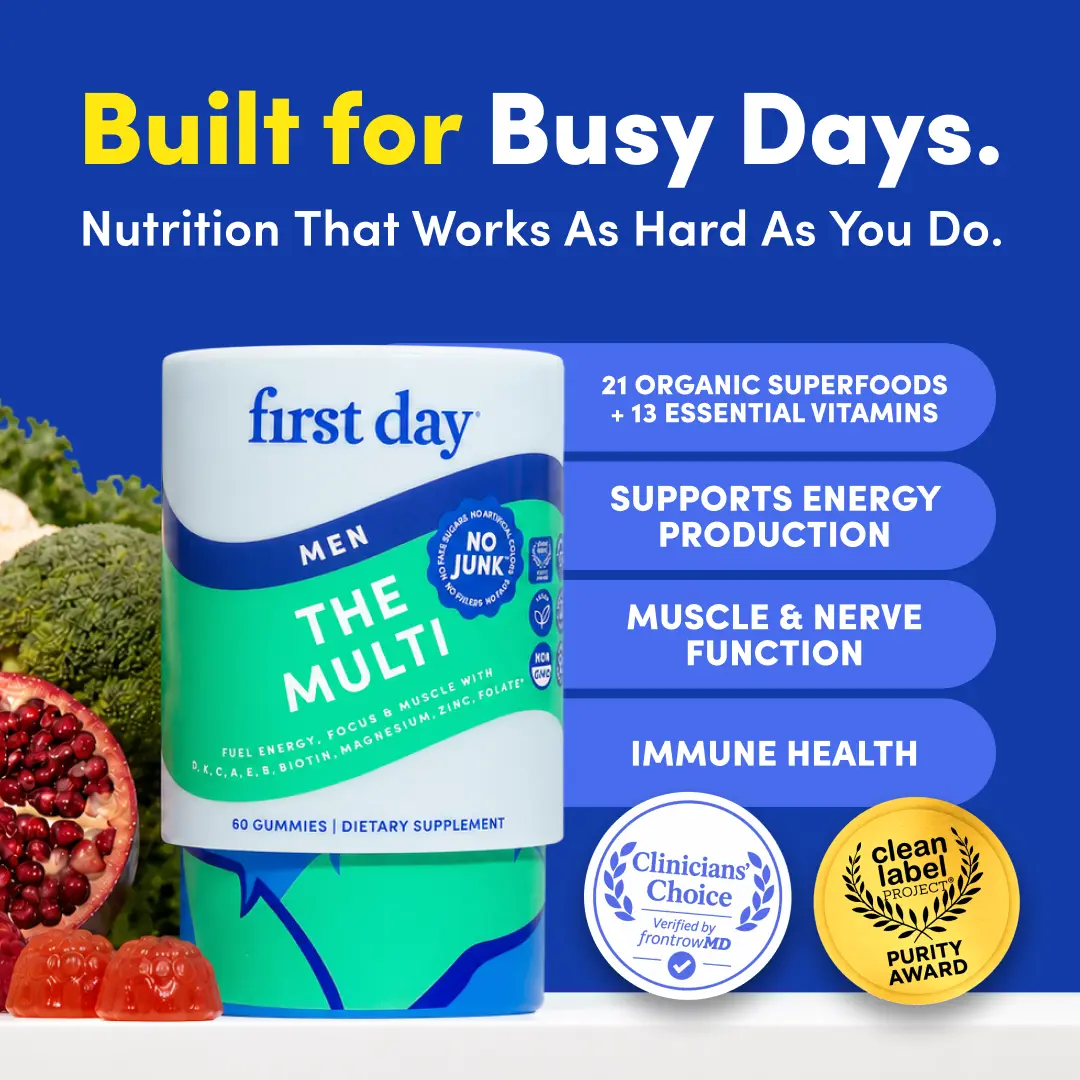First Day Men's Daily Multivitamin Gummies 18+, Natural Orange Flavor — 21 Organic Superfoods, 13 Key Nutrients, Vitamin C D3 B12 Magnesium Zinc Biotin — Immunity, Energy, Focus, Heart Health, Bone Health — 30-Day Supply, Vegan, Non-GMO, No Junk