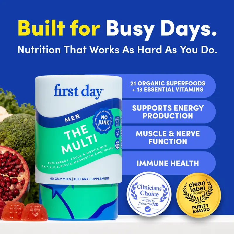 First Day Men's Daily Multivitamin Gummies 18+, Natural Orange Flavor — 21 Organic Superfoods, 13 Key Nutrients, Vitamin C D3 B12 Magnesium Zinc Biotin — Immunity, Energy, Focus, Heart Health, Bone Health — 30-Day Supply, Vegan, Non-GMO, No Junk