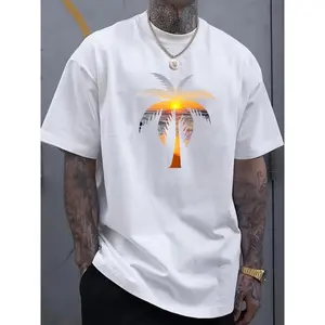 Men'S Summer Casual Cotton T-Shirt with Sunset Coconut Tree Print, Crew Neck, Short Sleeve, Slight Stretch, Regular Fit, Knit Fabric, Alphabet Pattern, Fashionable Athleisure Style for Everyday Wear