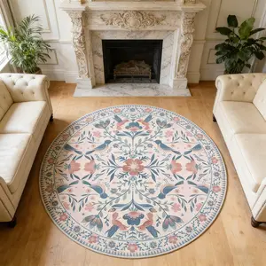 Round Carpet Spring Floral Pattern Bird Design, Soft Area Rug Comfortable Non-Slip Washable Rug, Home Decor for Living Room Bedroom Bathroom Kitchen Dining, Spring Rugs