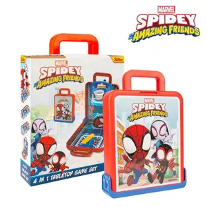 MARVEL Spidey & His Amazing Friends 4-in-1 Tabletop Game Set - Officially Licensed with Air Hockey Basketball Soccer & Pinball Games in Portable Suitcase Design for Kids 4+