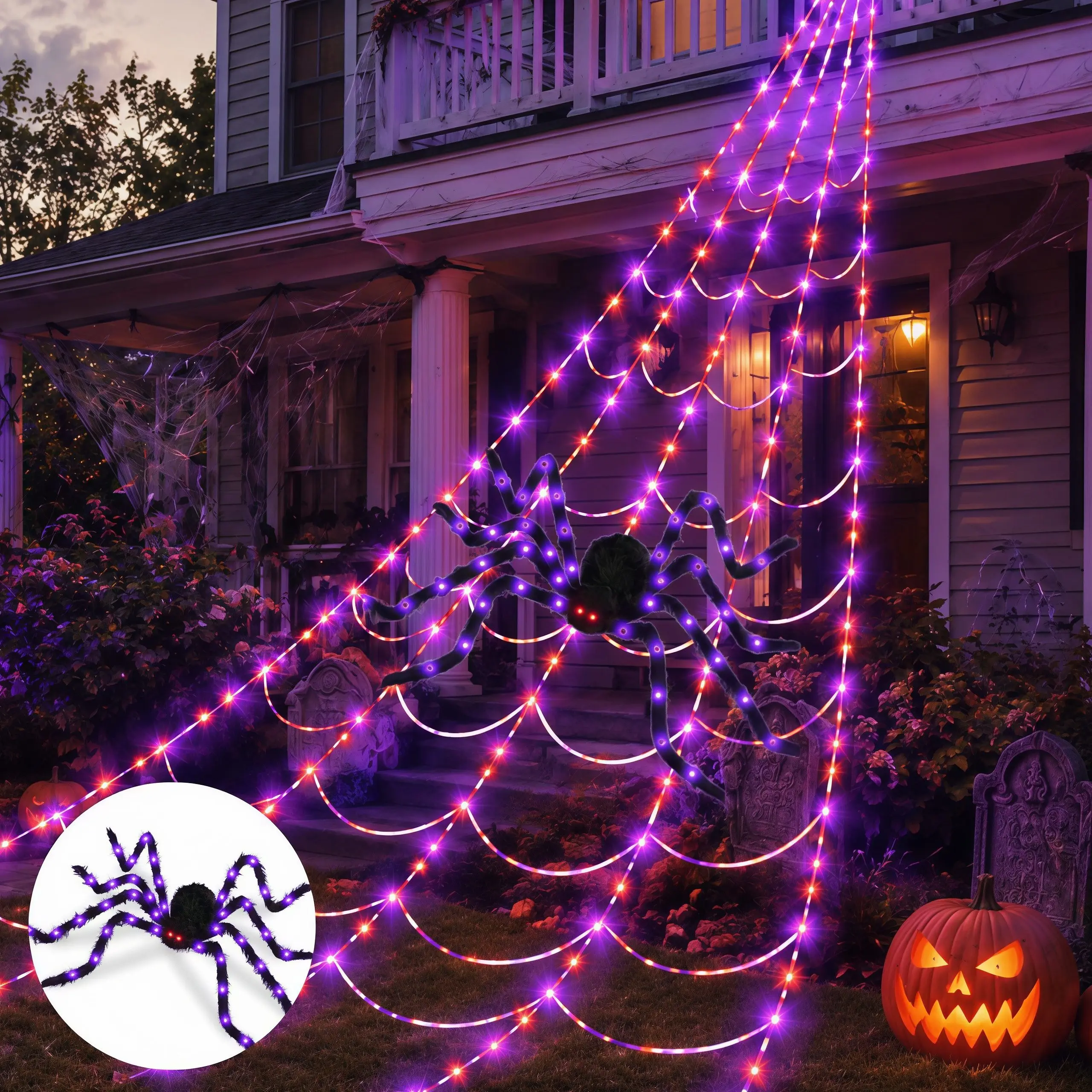 5M 250 LED Remote Controlled Multi-Mode Spider Web Lights, 125cm Giant Spider, Halloween Decorations, Gothic Bedroom & Party Indoor Lighting Ornaments