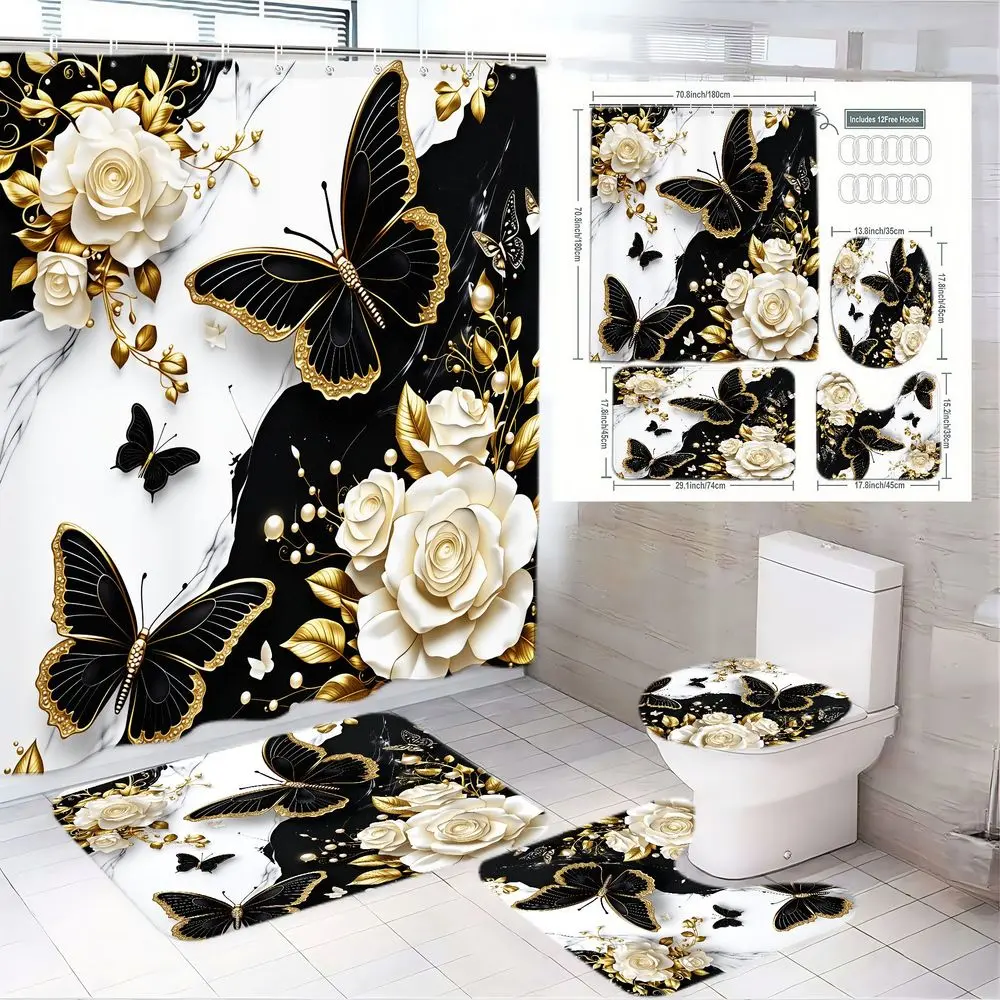 1/4pcs Black White Gold Bathroom Set, Shower Curtain Sets, Bathroom Curtains Shower Set - Marble Pattern with White Roses, Gold Leaves, Toilet Lid Cover, 2 Bath Mats, Decor for Master Bathrooms, Bathroom Decoration Accessories