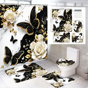 1/4pcs Black White Gold Bathroom Set, Shower Curtain Sets - Marble Pattern with White Roses, Gold Leaves, Shower Curtain, Toilet Lid Cover, 2 Bath Mats, High-Contrast Decor for Master Bathrooms, Ideal for Valentine's Day, Bathroom Decoration Accessories