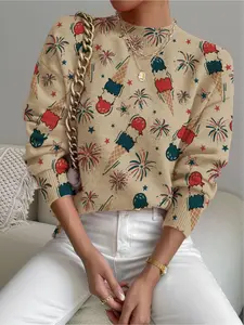 Women's Firework Star Print Stand Collar Sweater, Fall Winter Casual Long Sleeve Knitwear, Comfortable Warm Daily Wear
