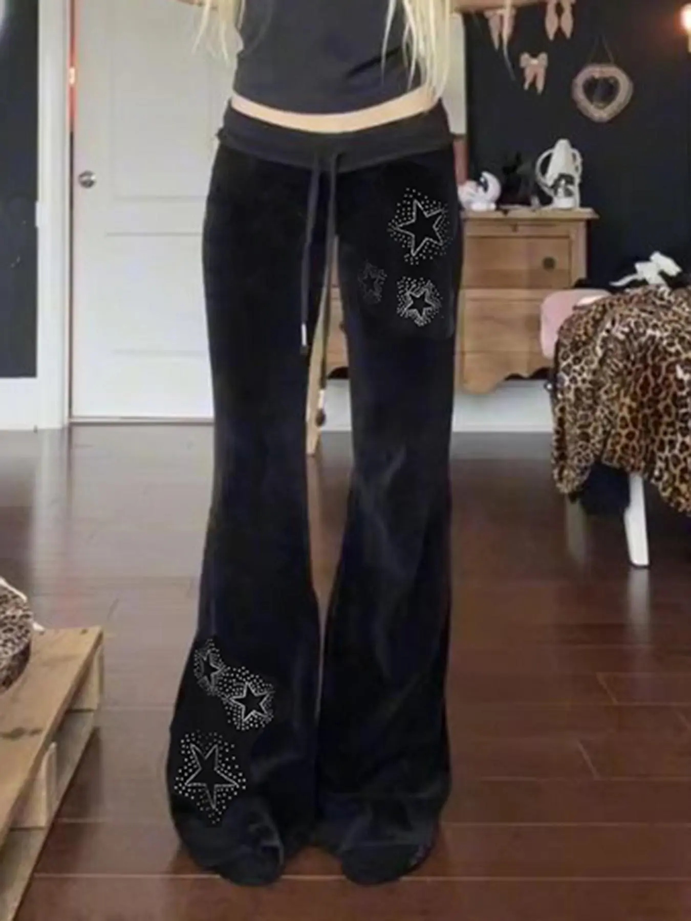 Women's Star Pattern Rhinestones Velvet Pants, Y2k Style Drawstring Waist Bell Bottom Trousers for Daily Wear, Ladies Bottoms for All Seasons, Casual Streetwear Pants, Casual Chic Trousers, Casual Fashion Pants