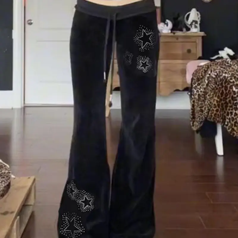 Women's Star Pattern Rhinestones Velvet Pants, Y2K Style Drawstring Waist Bell Bottom Trousers for Daily Wear, Casual All-Season Streetwear Chic Trousers, All Season Bottoms