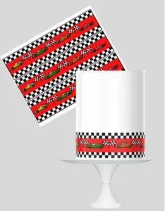 Edible Icing Sheets for Racing Cars Theme, Checkered Flag Pattern with Sports Cars, 10.5 x 2.8 Inches, 3 strips