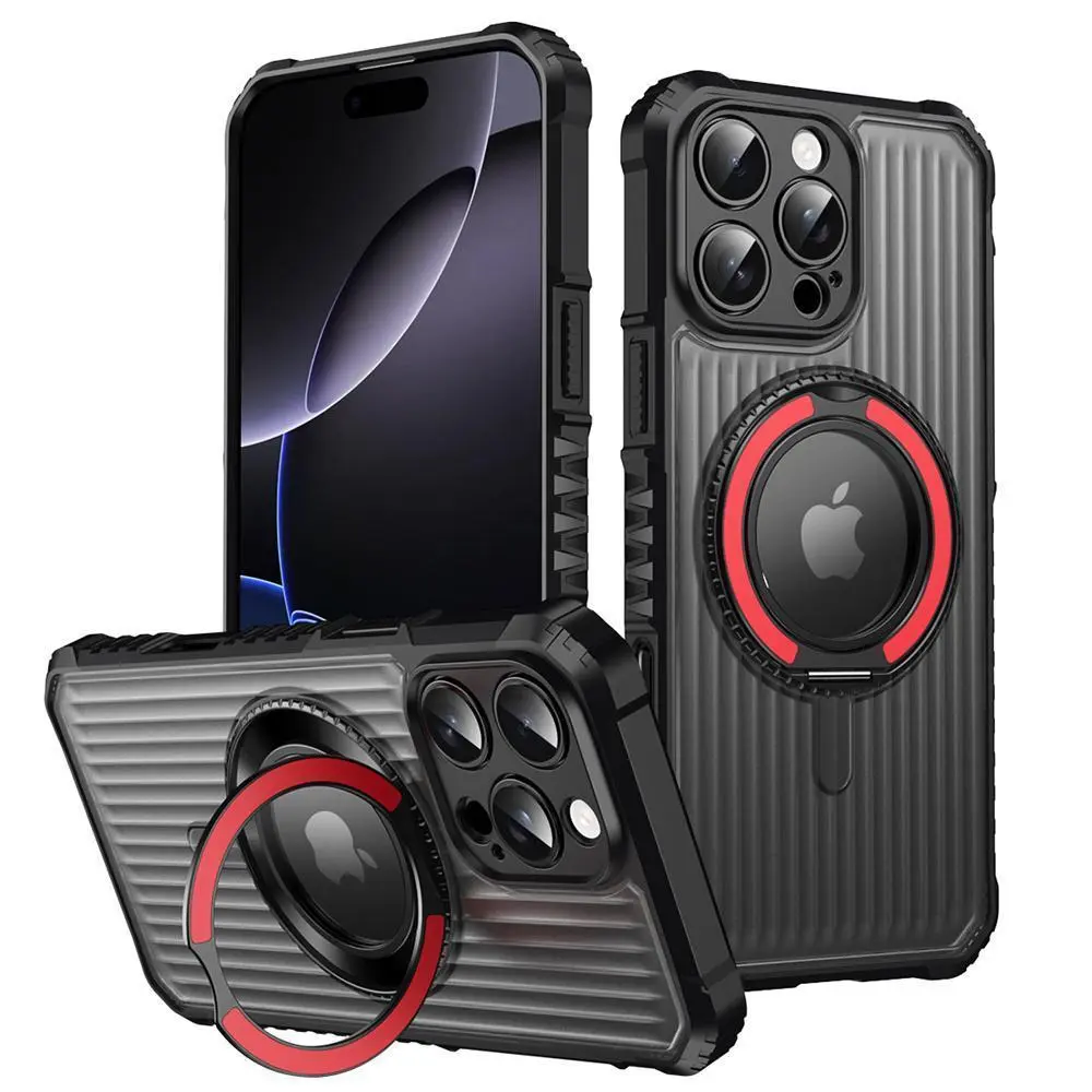 360° Rotating Magnetic Bracket Stand Phone Case with Non-Slip Frame Armor, Translucent Resin Cover for iPhone 17/16/15/14/13/12 Pro Max, Mobile Phone Accessory, Iphone 15