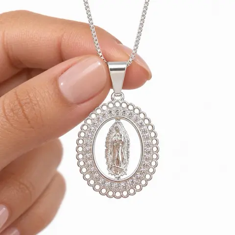 925 Real Silver Guadalupe Virgen Jewellery Pendant with Free Chain - Unisex Retro San Benito Design Fashion Necklace for Adults, Friends and Family, Daily Wear Silver Accessory
