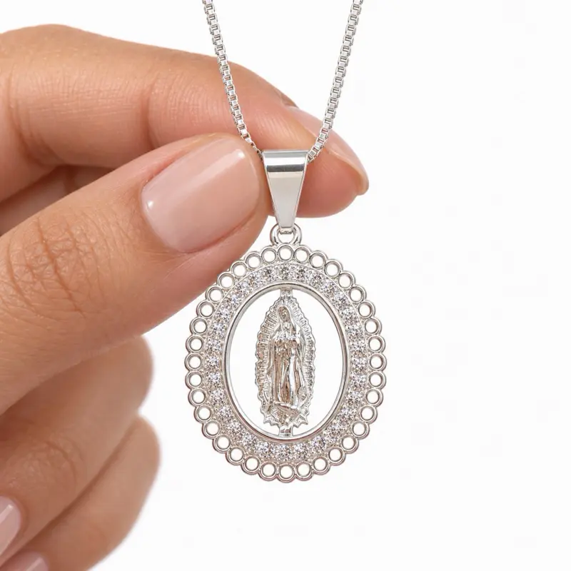 925 Real Silver Guadalupe Virgen Jewellery Pendant with Free Chain - Unisex Retro San Benito Design Fashion Necklace for Adults, Friends and Family, Daily Wear Silver Accessory