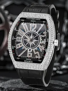 1 Piece Men's Punk Style Rhinestone Barrel Dial Watch, Rhinestone Decorated Watch, Exquisite Trendy Wristwatch for Daily Use, Fashionable Watch As Gift for Boyfriend with Box, Quartz Watch