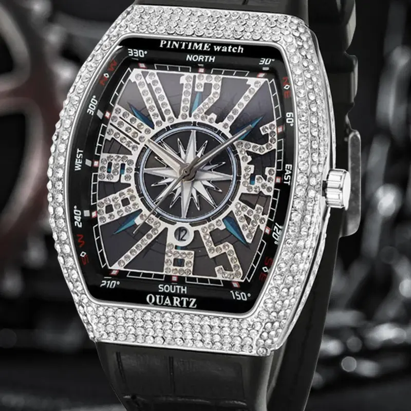1 Piece Men's Punk Style Rhinestone Barrel Dial Watch, Rhinestone Decorated Watch, Rhinestone Embellished Watch, Trendy Wristwatch for Daily Use, As Gift for Boyfriend with Box, Quartz Analog Wristwatch, Rhinestone Watches