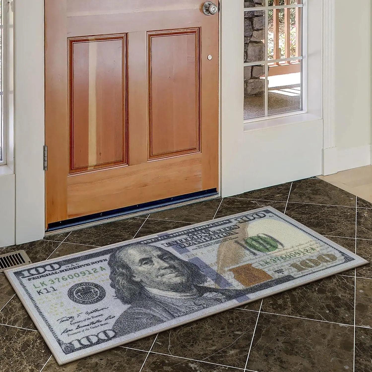 Money Print Rectangular Indoor Rug Mat - Non-Slip, Stain-Resistant, Durable, Multicolor 22"x53" Hallway Rug, Entryway Doormat, Spot-Clean Home Decor Supply