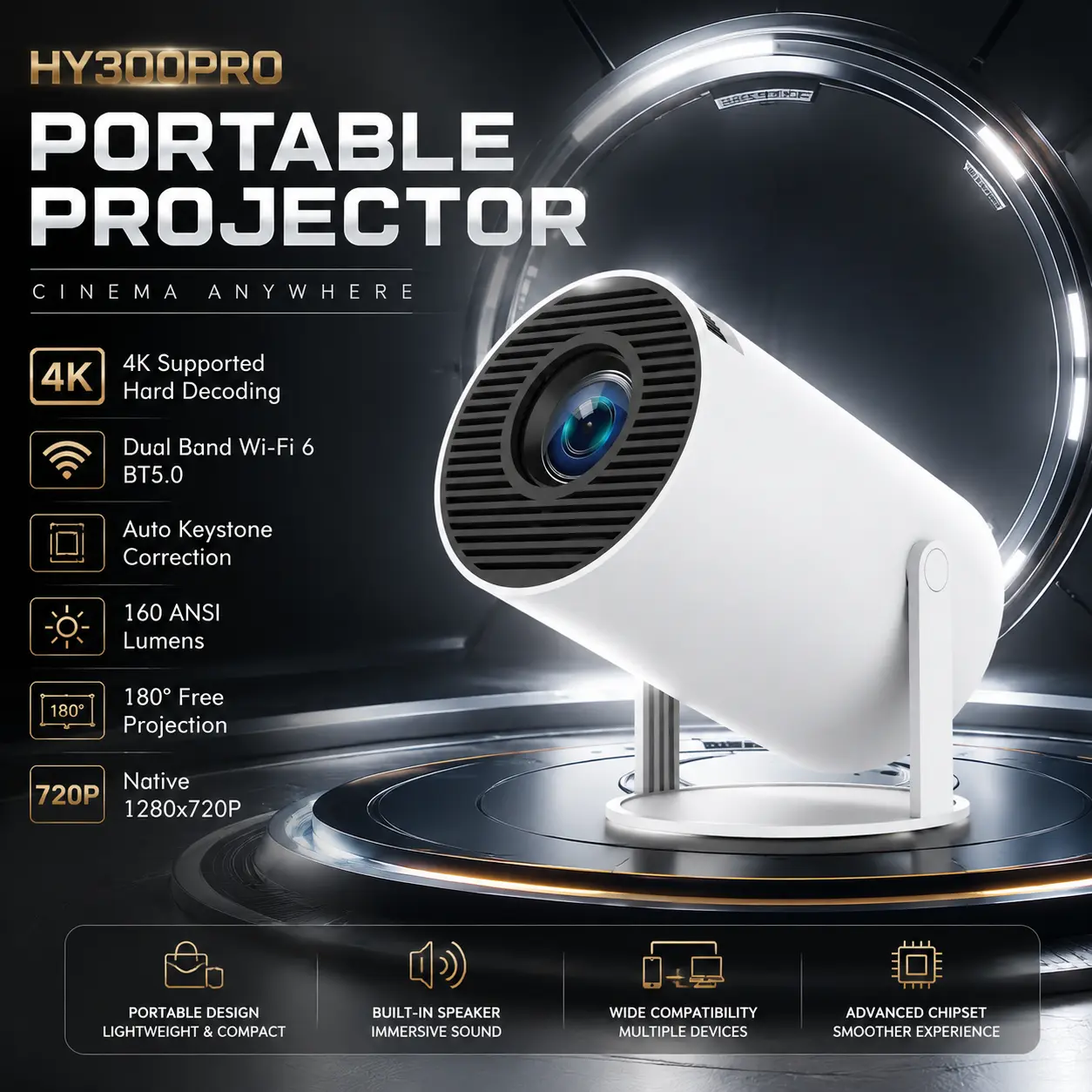 【Summerfinds】Mini Smart Projector 4K Supported, Portable 200 ANSI Home Theater Projector with Auto Keystone, WiFi 5G/2.4G & Bluetooth 5.0,for Valentine’s Day Gift Android Audio Cable Connection