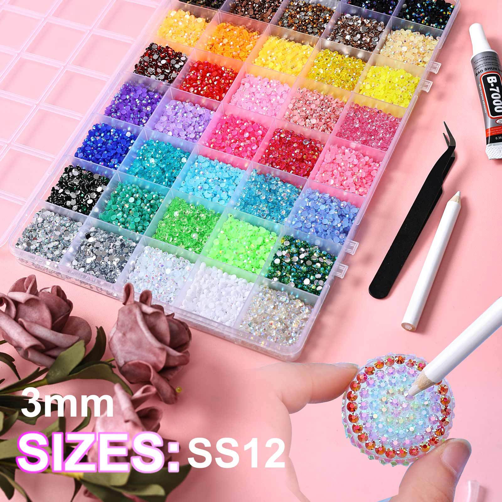 3mm Flatback Rhinestones Full Set - 40000 Pieces 40 Assorted Colors with B7000 Glue for Nail Art, DIY Crafts & Shoe Embellishment | Non-Random