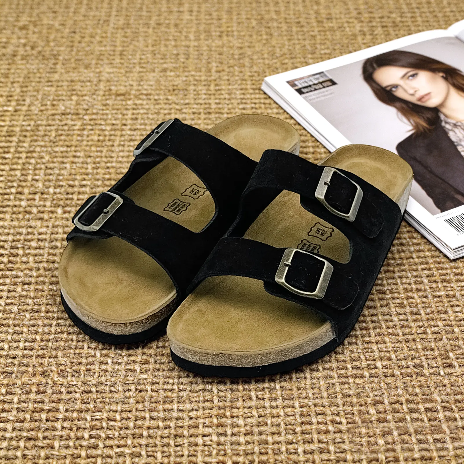 Men Women Cork Footbed Slide Sandals Double Buckle Adjustable Casual Outdoor Flat Slippers