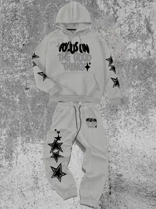 Men's Street Style Hooded Sweatshirt Set, Cartoon Star Graphic Print, Loose-Fit Thick Fabric, Ideal for Fall & Winter