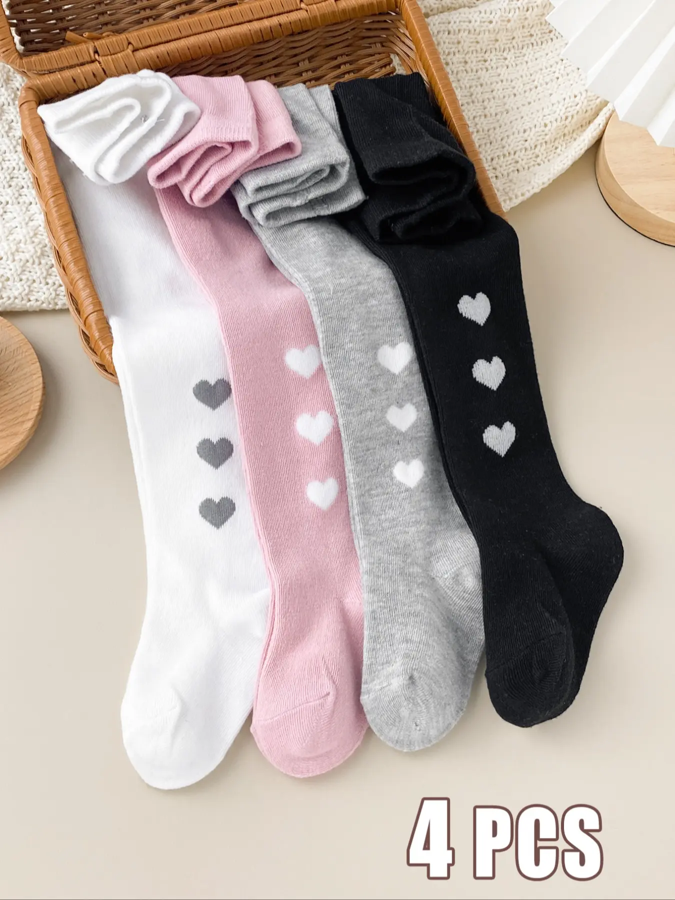 4-Pack Casual Heart Pattern Jumpsuits for Girls, Children, Spring & Fall Wear, Daily Fashion, Comfortable and Stylish, Soft Comfy Socks, Breathable Soft Socks, Polyester Socks