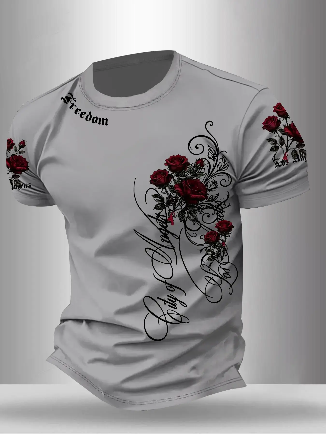 Men's City of Angels Freedom Rose Print T-Shirt, Gothic Floral Print Casual Round Neck Top, Retro Vintage Street Style Short Sleeve, Classic Streetwear Menswear, Aesthetics