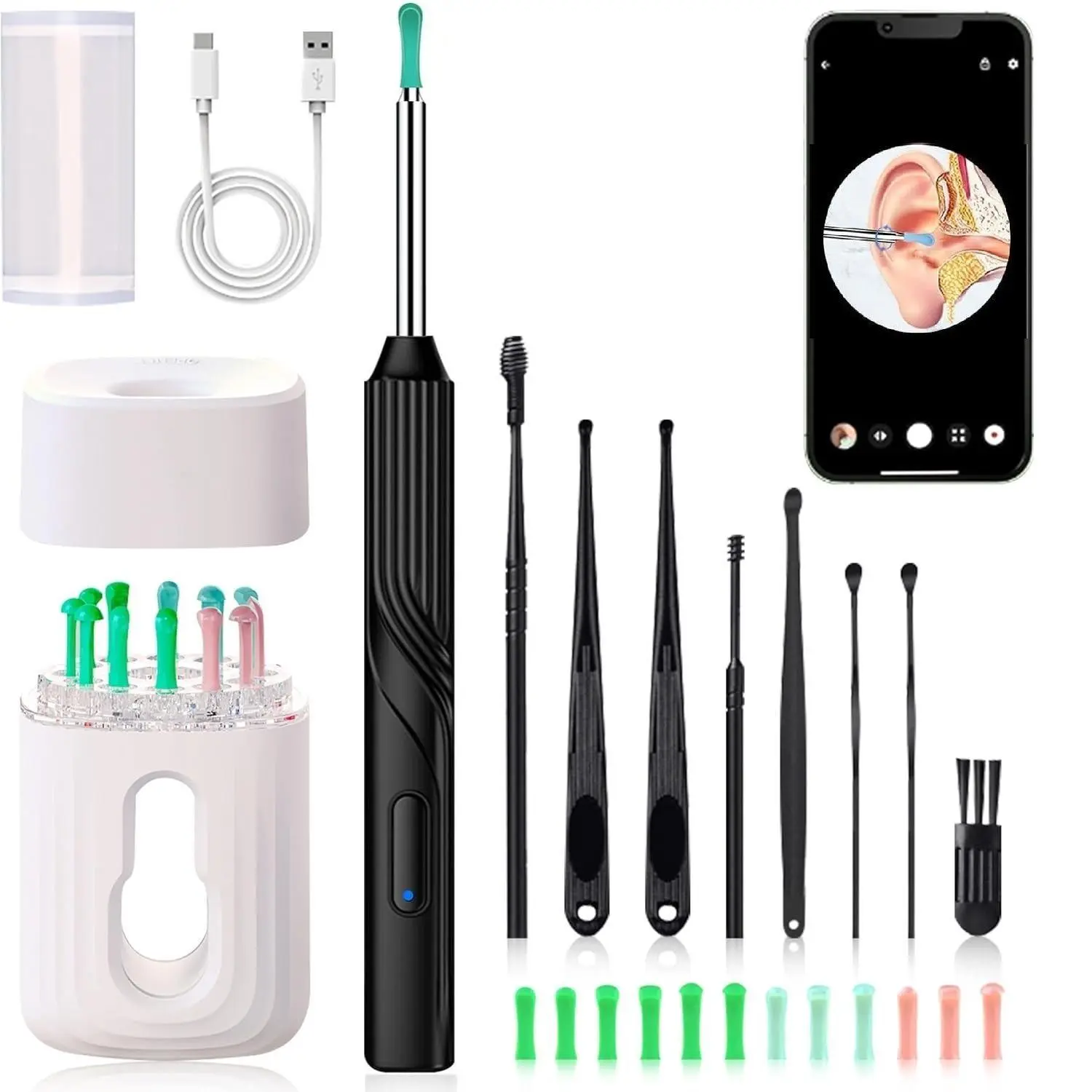 Portable Visible Ear Spoon Kit, Earwax Removal Kit With Camera, 1080P HD Ear Mirror Camera Cleaner, LED Light, Includes Base Storage Box, 12 Eartips, 8 Tools, WiFi Enabled