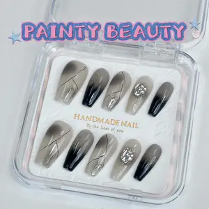 【A84】Coffin Shape Black Gradient Diamond Handmade Press On Nails with Unique Design Elements