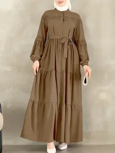 Women's Casual Elegant Round Neck Long Sleeve Midi Ruffle Hem Waist Cinched A-Line, Fitted Plain Design for All Seasons Modest Dresses Style Dress