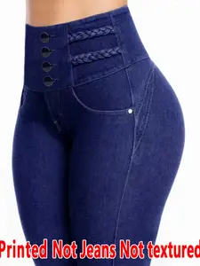 Women's Imitation Denim Skinny Pants, High Waisted Bottom, Denim Print Design, Stylish Comfortable Fit for Everyday Wear