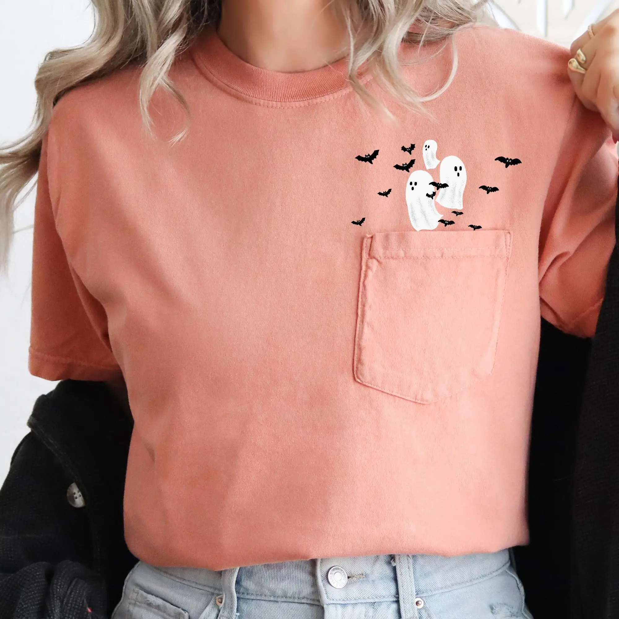 Flying Ghosts and Bats, Halloween Pocket Tee, Women's, Comfort Colors Tee, Spooky, Tshirt, Witch, Pumpkin, Ghost, Skeleton