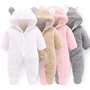 (New)Newborn Baby Cartoon Bear Snowsuit Winter Coat Fleece Hooded Jumpsuit Romper for Girls Long Sleeve Cute Plain Design