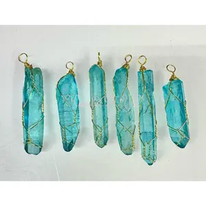 Wholesale Lot 6 Pcs Aqua Aura Lemurian Quartz Wrapped Pendant