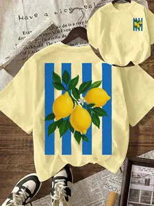 Women's Lemon Stripe Print Round Neck T-Shirt, Casual Half Sleeve Top, Street Style Loose-Fitting Daily Wear, Four-Season Clothing