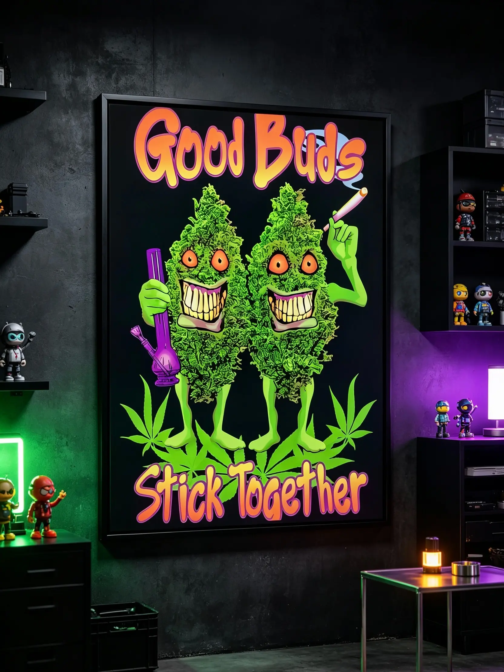 Good Buds Stick Together Blacklight Pot Poster - Vintage Waterproof Artistic Print, Funky Retro Home Decor, Cool Stuff for Room, Canvas Wall Art Gift for Dorms