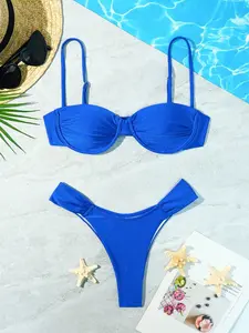 Women's Plain Bikini Set, Fashion Chic V Wired Spaghetti Strap Bikini Top & High Cut Swim Thong, Ladies Summer Swimwear for Beach Holiday Vacation, Swimsuit Set