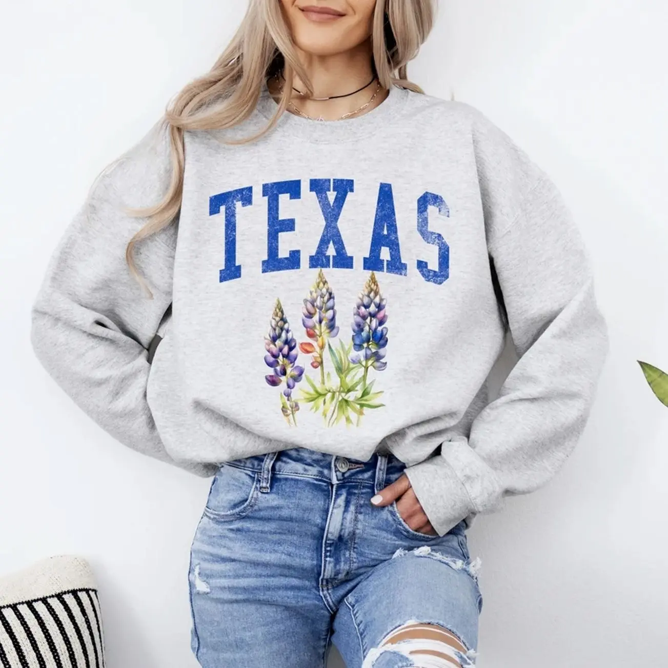 Cute Texas State Flower Graphic Gildan 18000 Bluebonnet Wildflower Crewneck Back to School Halloween Christmas Gift