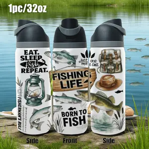 Leopard Print Fishing Theme Insulated Cup, Stainless Steel Straw Cup, Large Capacity Leak-Proof Travel Mug for Anglers