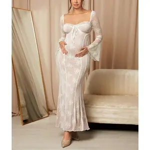 LongSleeveLaceBodyconMaternityDressWithRuffleHem,White,ForBabyShower