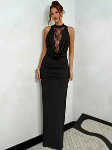 Elegant Lace Halter Long Dress for Women, Backless Design, Sleeveless A-Line Gown, Perfect for Evening Parties & Special Occasions, Formal Wear